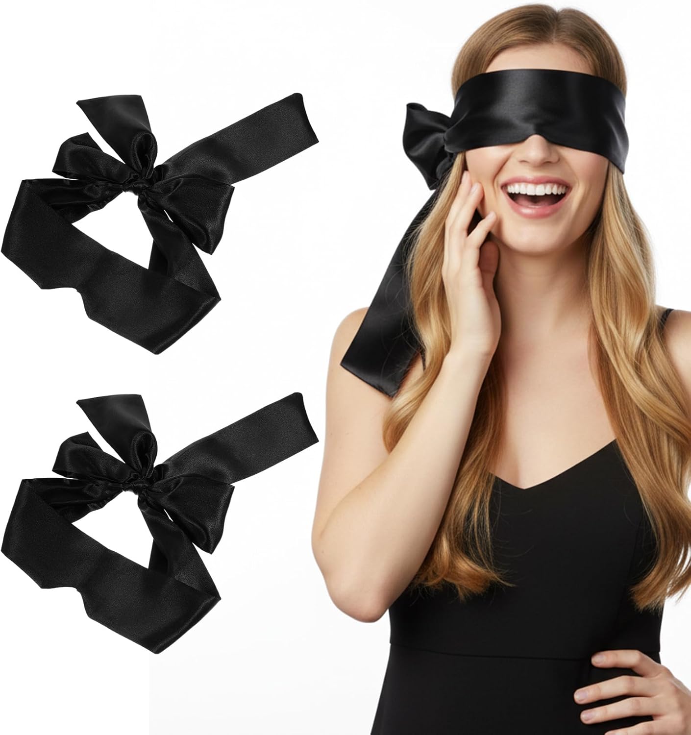2Pcs Silk Blindfolds for Sleeping, Soft Satin Eye Mask for Sleep Comfortable Blackout Blindfold for Sleep Meditation, Adjustable Eye Cover for Night Travel Meditation, Pure Black