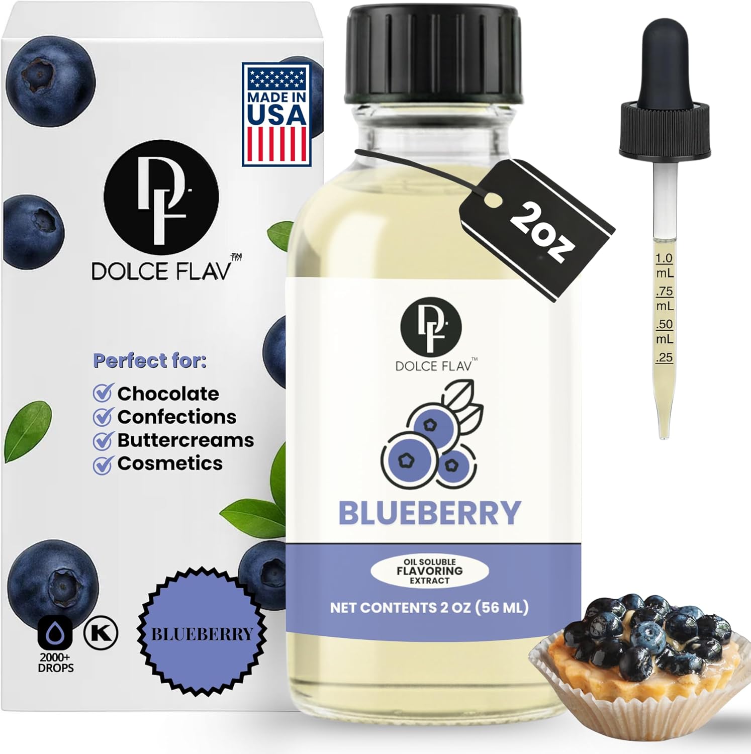 Dolce Flav Blueberry Extract – 2 Ounce Oil-Soluble Kosher, Sugar-Free, Concentrated Ripe Blueberry Flavoring for Baking, Chocolates & Desserts, Includes Measured Dropper