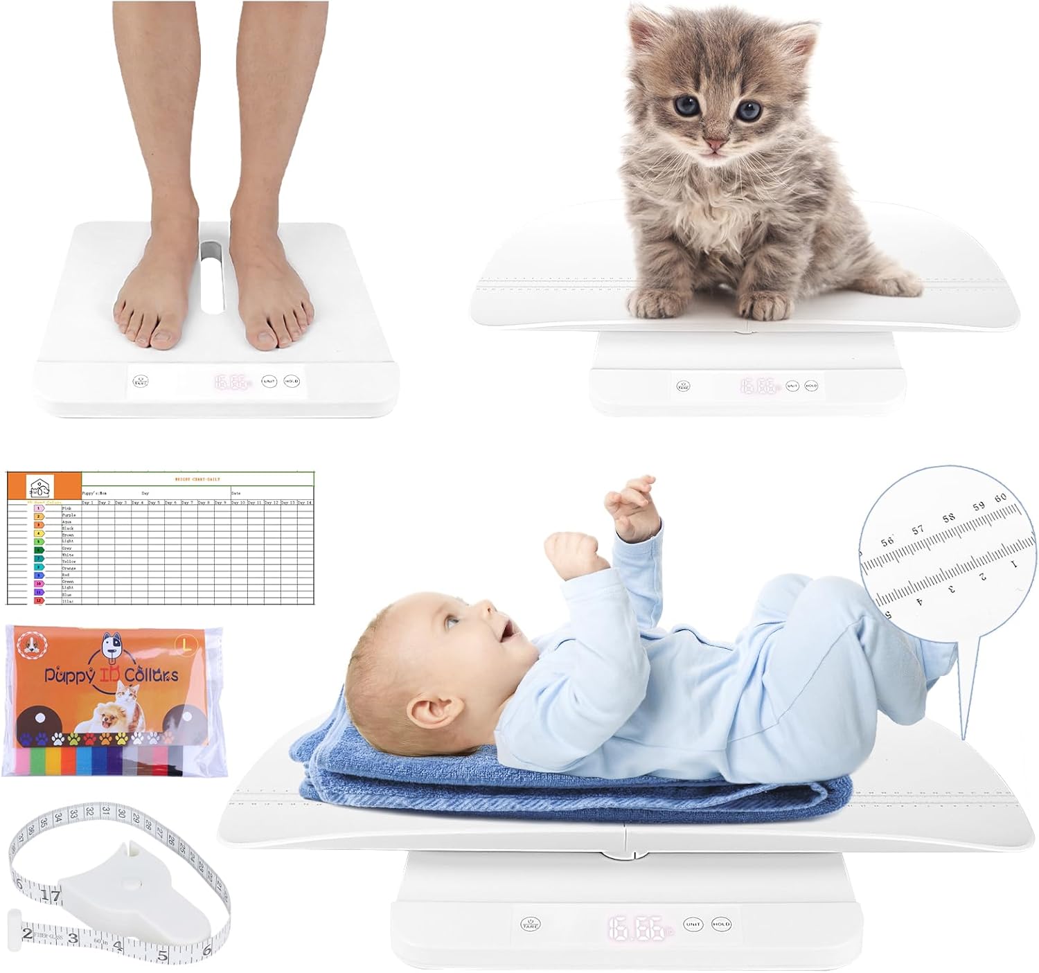Baby Scale & Pet Scale with 60cm Tray, 330lb-150kg Digital Scale for Newborn, Puppy, Cat, Dog & Adult, Includes Tape Measure, Puppy Collar & Record Card, Hold/Tare Function,5 Unit Conversions