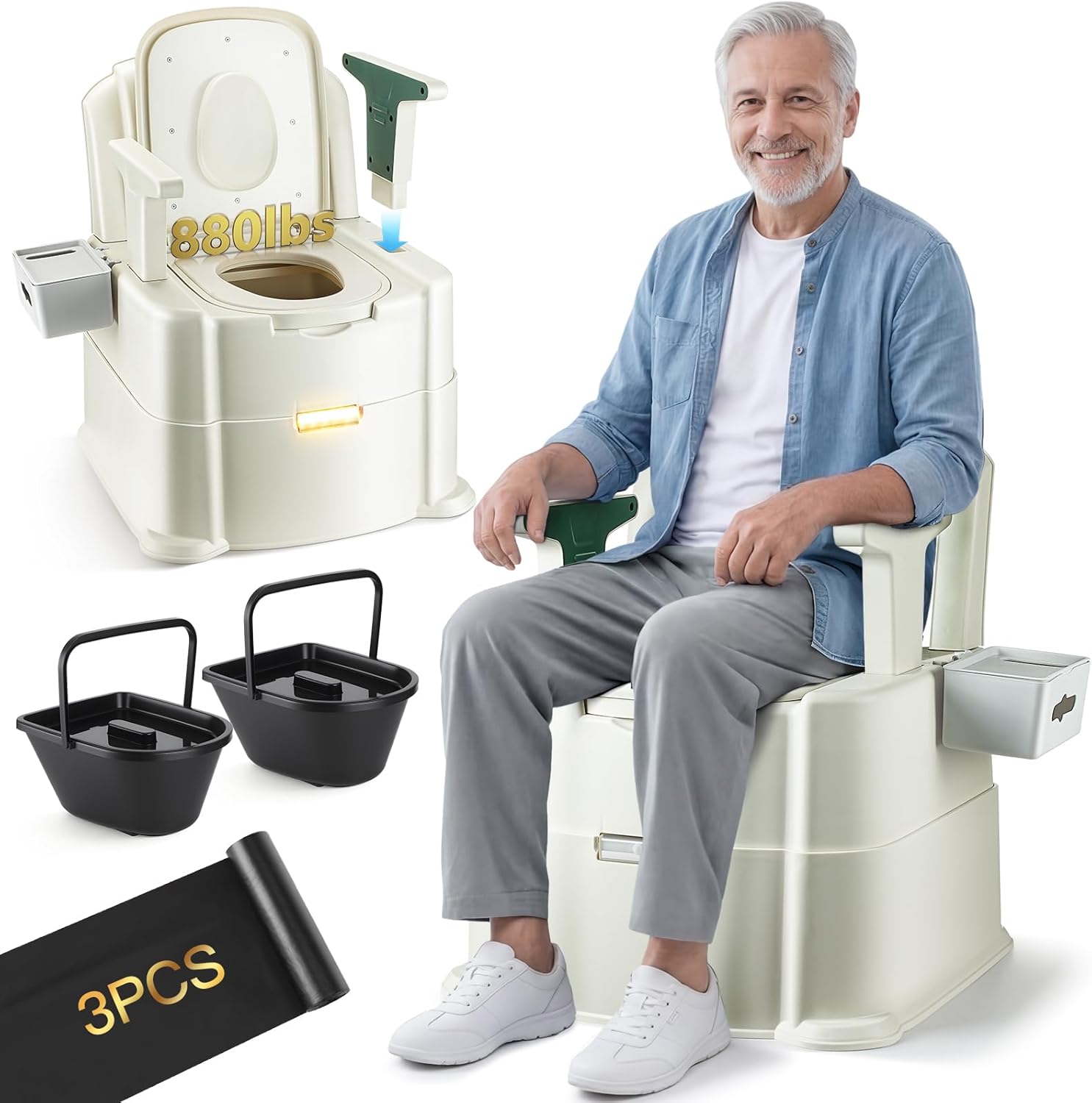 Bedside Commode, Portable Toilet for Adults, Commode Chair for Toilet with Arms, Height Adjustable, 2 Toilets and Induction Night Light, Potty Chair for Elderly and Disabled