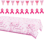 WANDIC Pink Ribbon Kit, 1 Piece Tablecloth and 2Pcs Banners for October Cancer Breast Cancer Awareness Survivor Warrior Fighter Gifts for Ladies Women