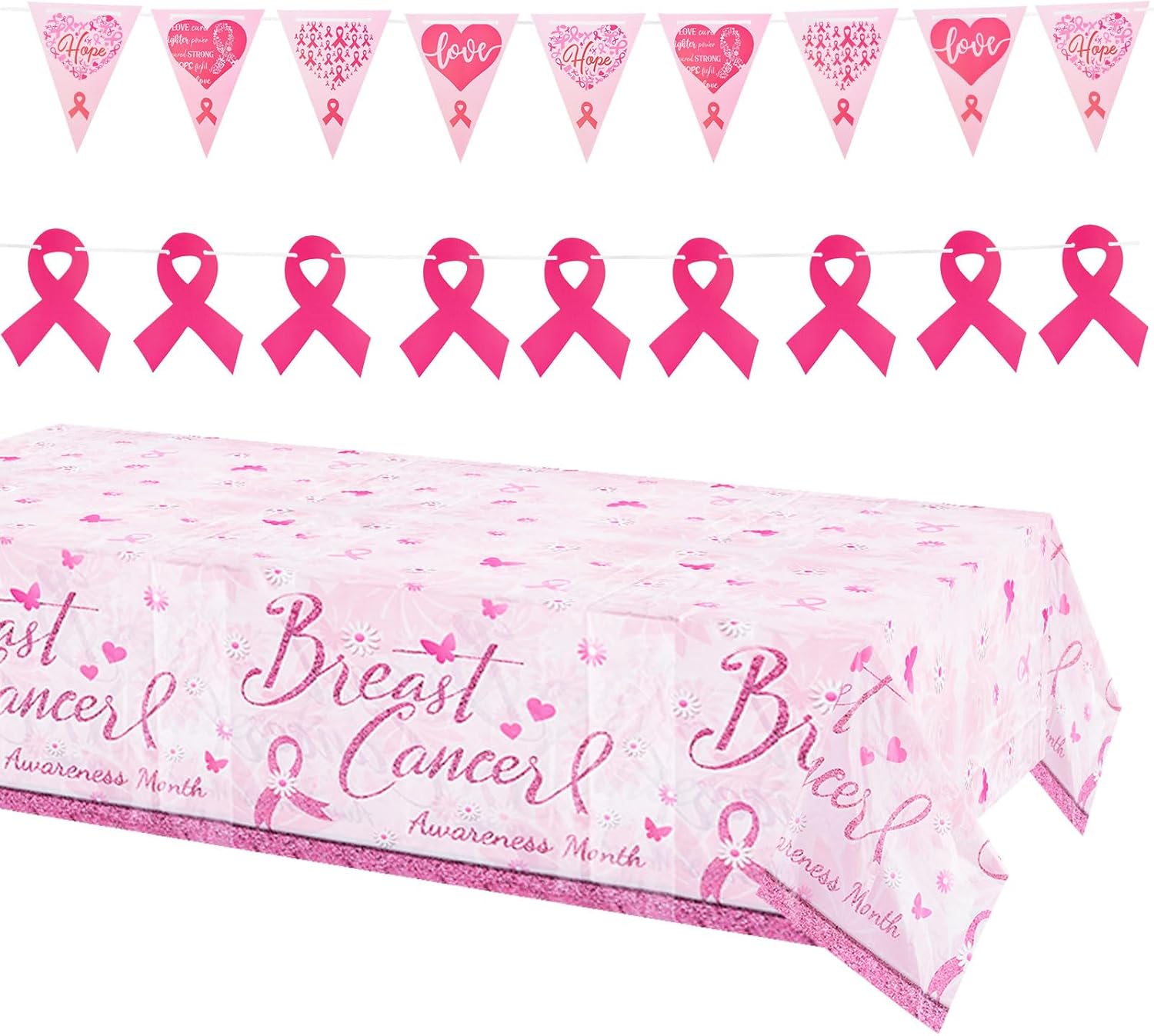 WANDIC Pink Ribbon Kit, 1 Piece Tablecloth and 2Pcs Banners for October Cancer Breast Cancer Awareness Survivor Warrior Fighter Gifts for Ladies Women