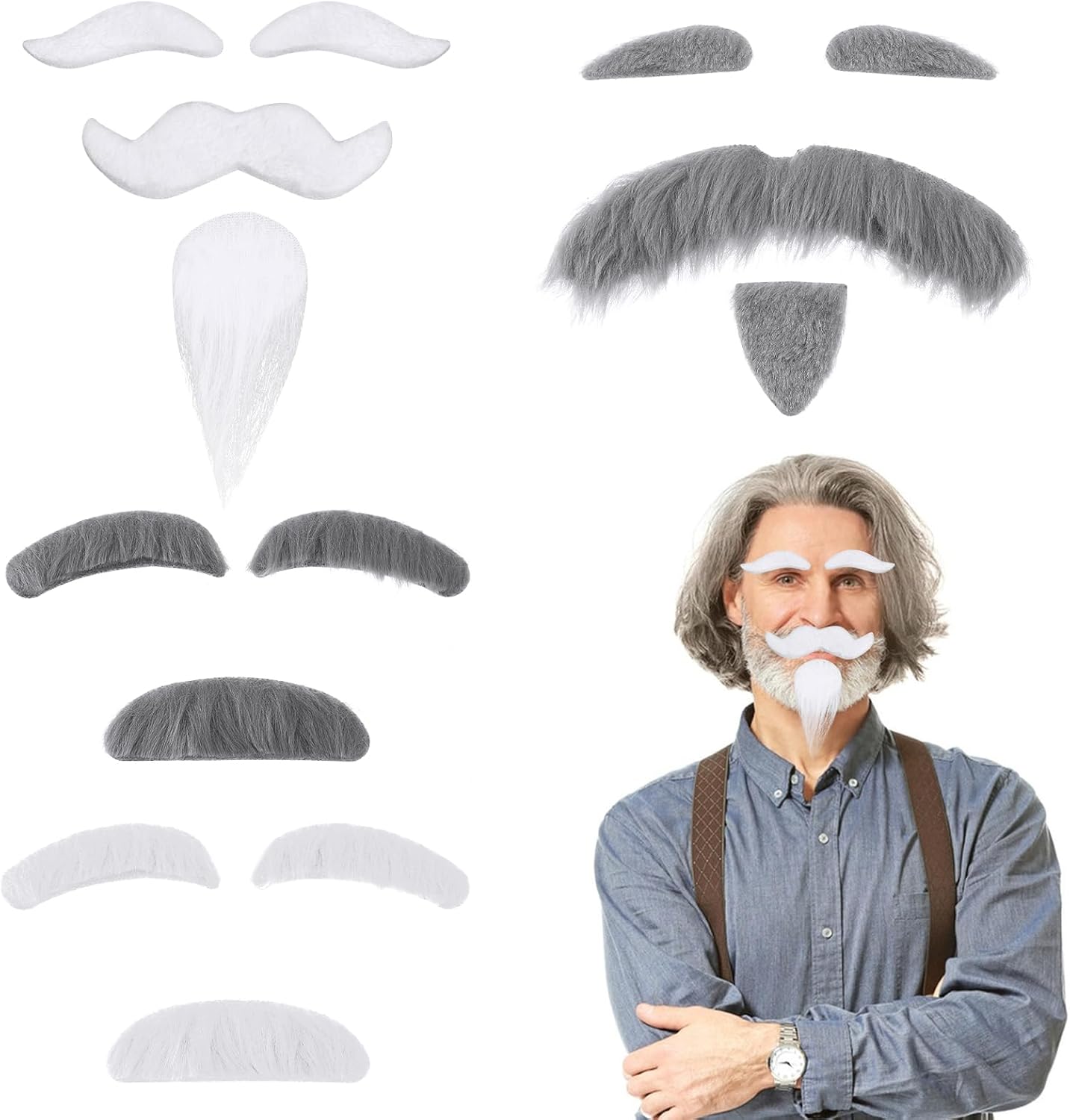 4 Sets Fake Mustache White Grey Fake Beard Self Adhesive Old Man Stick on Mustache Moustache and Eyebrows for Men Women Costume Party Carnival Pretend
