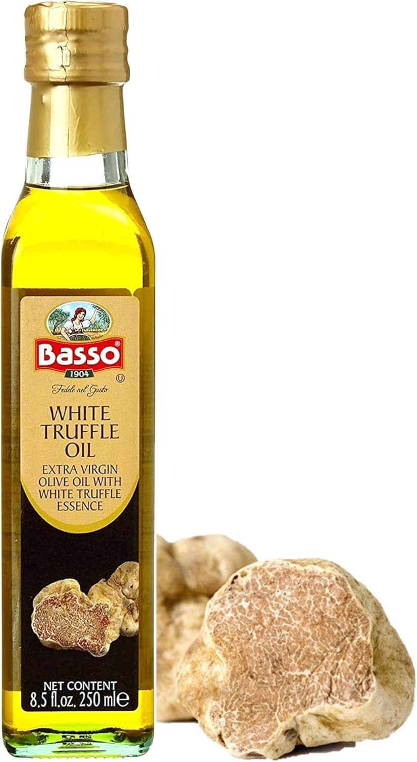 BASSO 1904 White Truffle Infused Oil, 8.5 fl oz (250ml) – Premium Italian Gourmet Truffle Olive Oil, Non-GMO, Cold-Pressed, Perfect for Pasta, Steak, Salads & Pizza