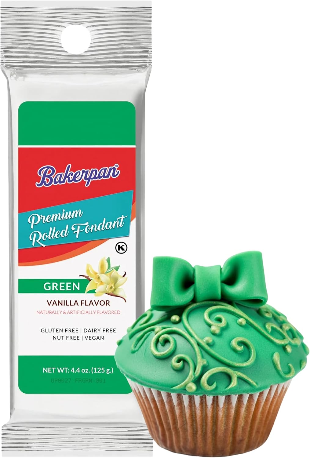 Bakerpan Premium Rolled Green Fondant for Cake Decorating, Vanilla Flavor - 4.4 Ounces (Made in USA)