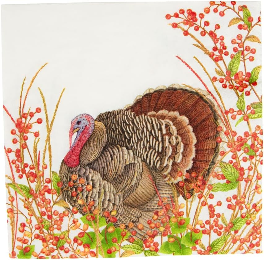 Caspari Turkey And Berries Luncheon Napkins - 20 Per Package