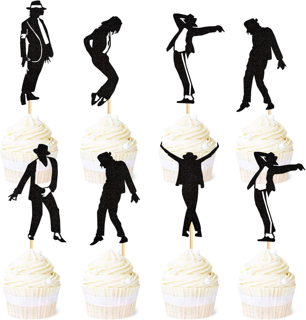 Ercadio 30Pcs Glitter Black Jazz Dance Cupcake Toppers Micheal Classic Dance Moonwalk Silhouette Cupcake Picks Jazz Dancer Birthday Jazzist Party Jackson Anniversary Cake Decor Supplies