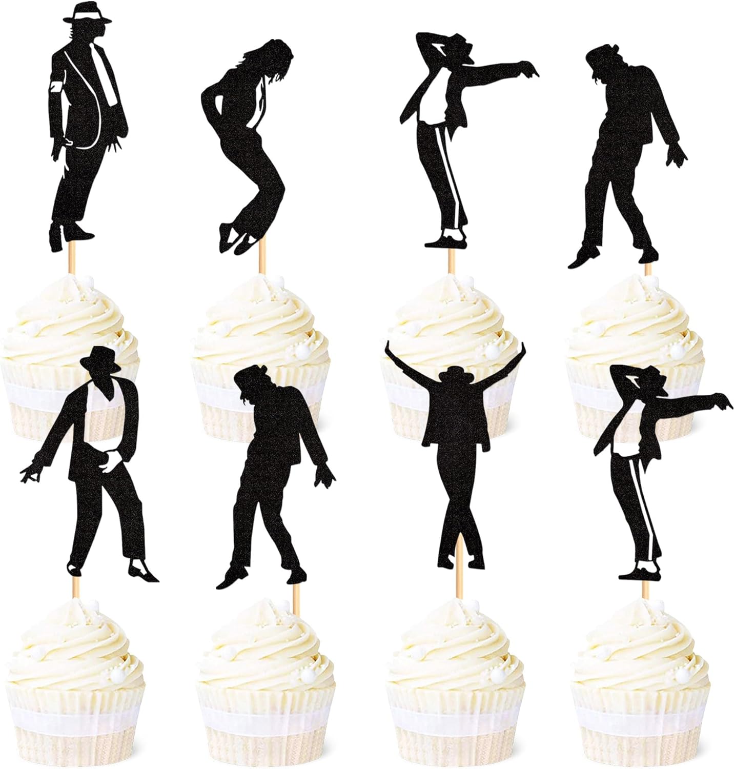 Ercadio 30Pcs Glitter Black Jazz Dance Cupcake Toppers Micheal Classic Dance Moonwalk Silhouette Cupcake Picks Jazz Dancer Birthday Jazzist Party Jackson Anniversary Cake Decor Supplies