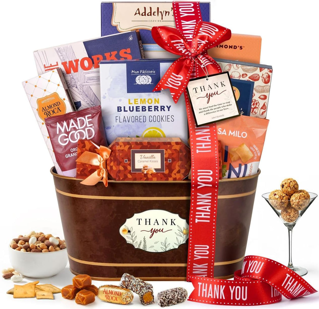 Broadway Basketeers Thank You Gift Basket Send Your Appreciation with This Beautiful Display Basket. Enjoy the Large Assortment of Sweets and Savory Treats, Perfect for Mom Dad Friends