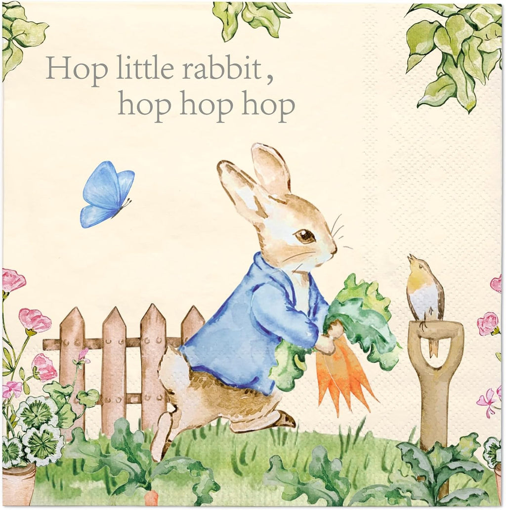 WRAPAHOLIC 50Pcs Easter Cocktail Napkins - 3-Ply Garden Hop Rabbit Disposable Paper Napkins for Easter, Spring, Birthday and Baby Shower - 5 x 5 In