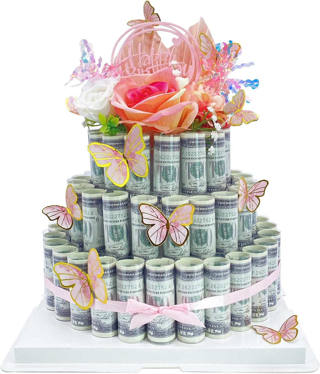 Cash Gifting Cash Gift Box，Happy Gift Box Money Flower Cake, DIY Surprise Gift for Valentine's Day (Pink three-tier)