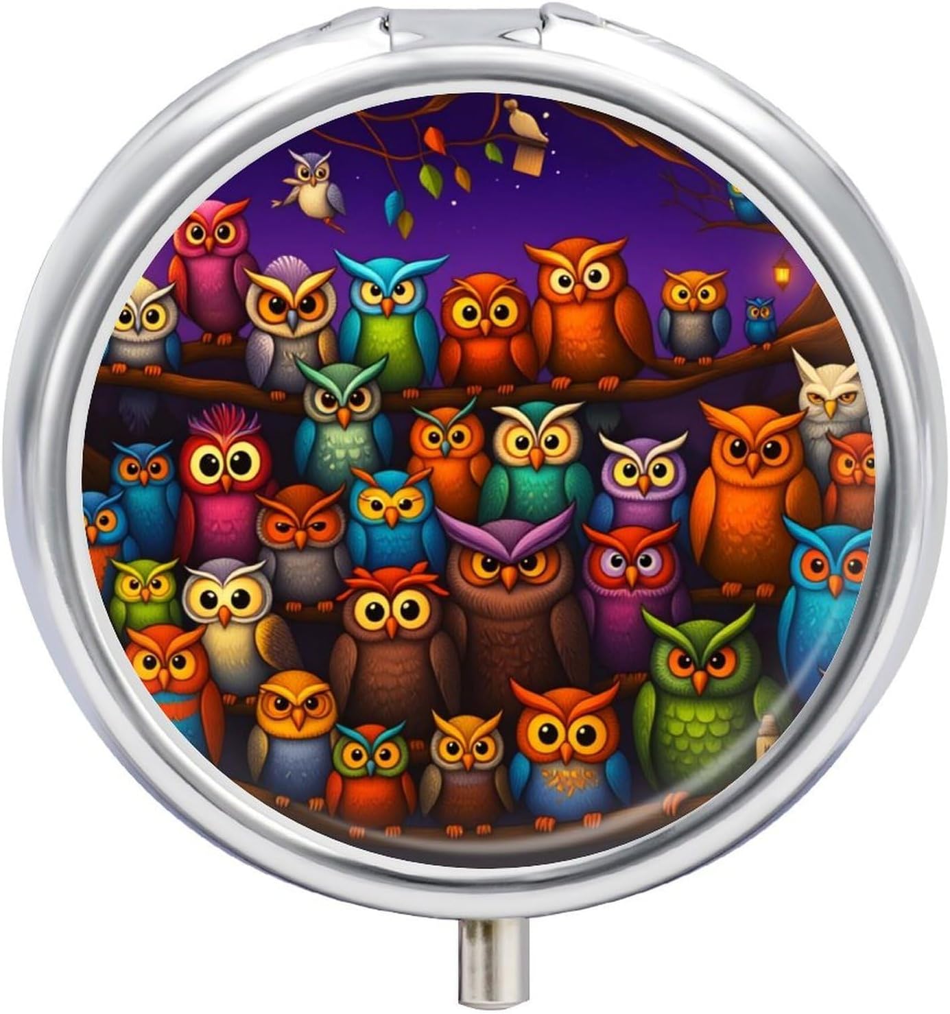 Cute Owl Metal Round Pill Box, 3 Compartment Travel Organizer, Portable Pill Container with Secure Latch, 2 Inch Circular Vitamin Caddy for Pills and Vitamins, Gift for Him Her Elderly