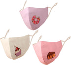 Touchstone Kids food embroidered fun 3 layer cotton fabric face masks reusable machine washable adjustable for children. (Pack of 3). Mauve Green Pink