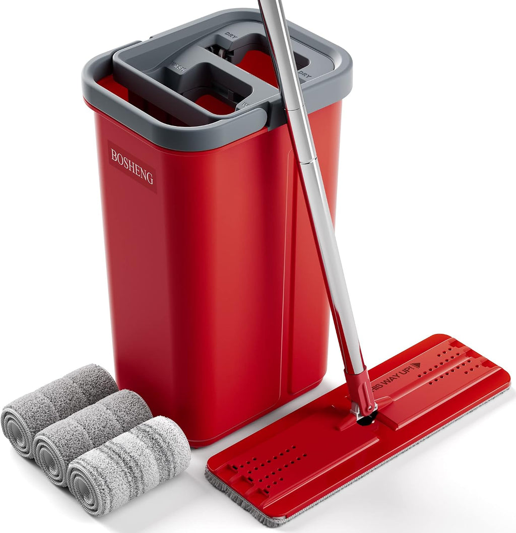 BOSHENG Mop and Bucket with Wringer Set, Flat Mop and Bucket, Squeeze Floor Mop with 3 Washable Microfiber Mops, Wet and Dry Use, Household Cleaning Tools, for Hardwood Floor, Laminate, Tile