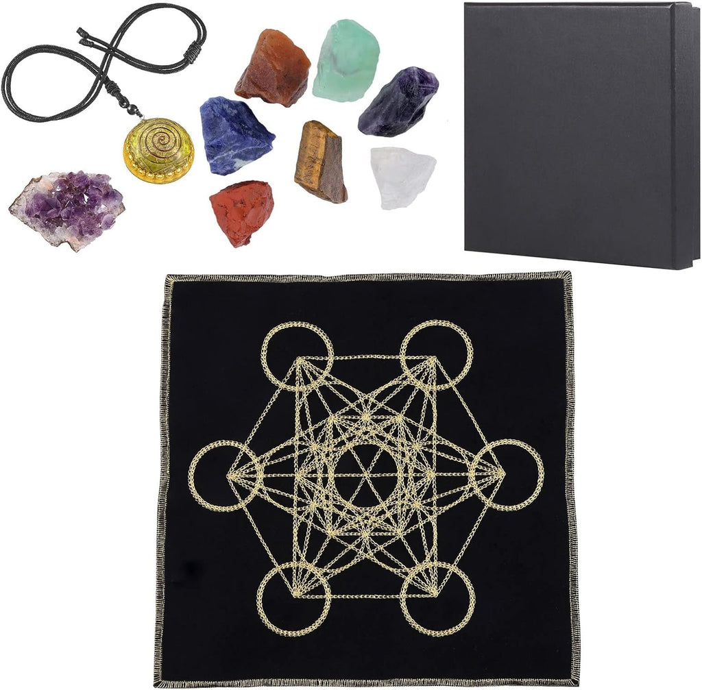 Amogeeli 7 Chakra Stone & Metatron’s Cube Sacred Geometry Energy Mat Crystal Grid Set for Beginner Divination Meditation Altar, Healing Stone Decoration for Energy Chakra Reiki Wicca