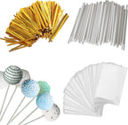 300 PCS Cake Pop Sticks and Wrappers Kit Including 100ct 6-inch Cake Pop Paper Lollipop Sticks, 100ct Clear Candy Treat Bags, 100ct Gold Twist Ties for Cake Pops, Lollipops, Candy, Chocolate
