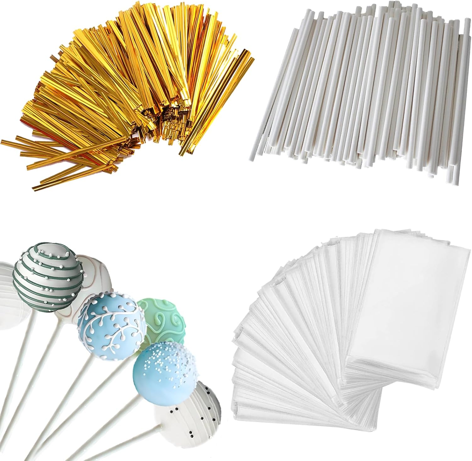 300 PCS Cake Pop Sticks and Wrappers Kit Including 100ct 6-inch Cake Pop Paper Lollipop Sticks, 100ct Clear Candy Treat Bags, 100ct Gold Twist Ties for Cake Pops, Lollipops, Candy, Chocolate