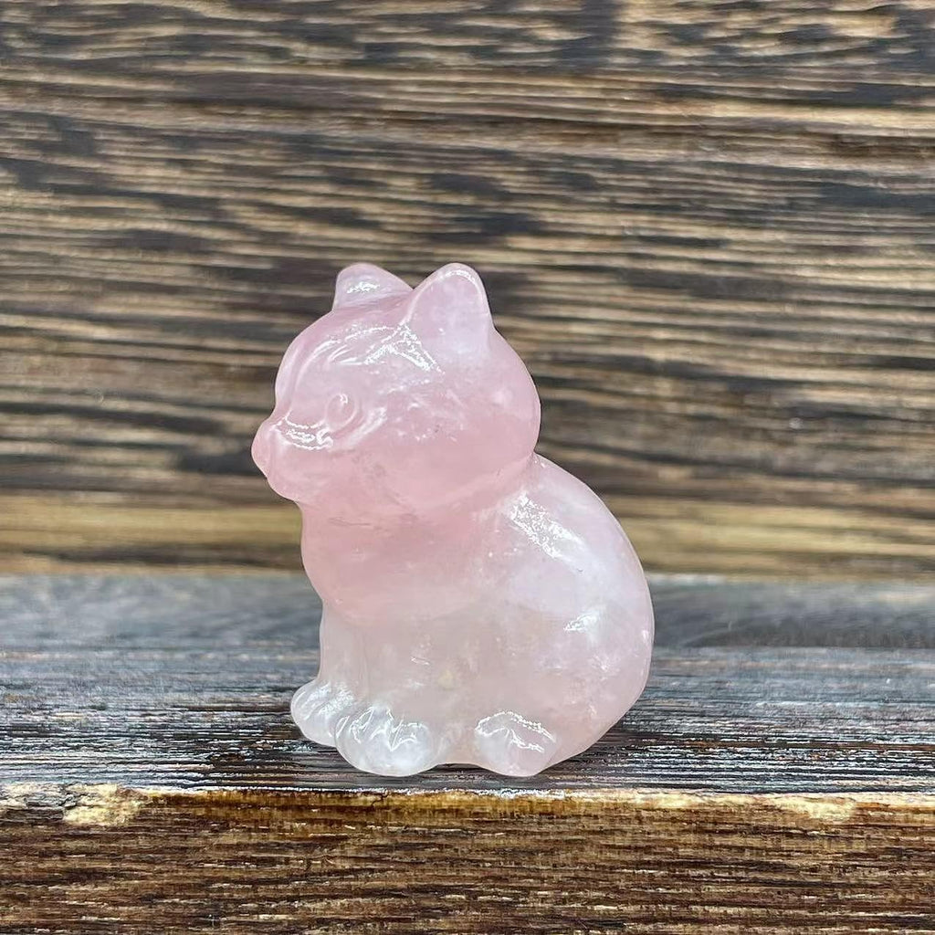 2pcs Natural Rose Quartz Carved Healing Cat Figurines, Reiki Energy Stone Display Decorations, 40mm