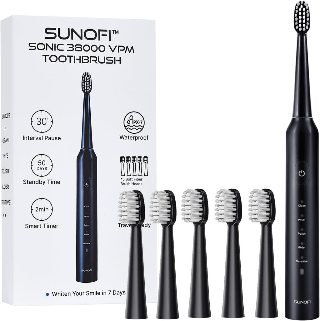 Sonic Electric Toothbrush Set for Adults, 5 Modes Rechargeable Toothbrush with 5 Brush Heads, 50-Day Battery Life, IPX7 Waterproof, 2-Min Smart Timer (Black)