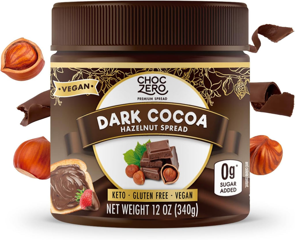 ChocZero Vegan Cocoa Hazelnut Spread – Sugar Free, Keto Friendly, Low Carb Chocolate Dessert & Bread Topping, Gluten Free, High Fiber, 12 oz Jar
