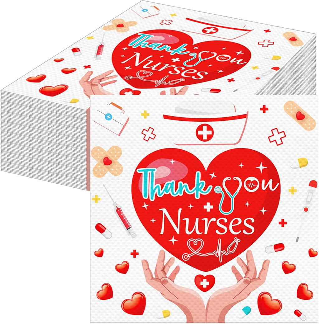 HOWAF 60pcs Nurse Appreciation Week Decoration Napkins, Thank You Nurses Disposable Paper Napkins Bulk for Medical Party, RN Party, Nurse Day, Happy Nurses Week Decorations
