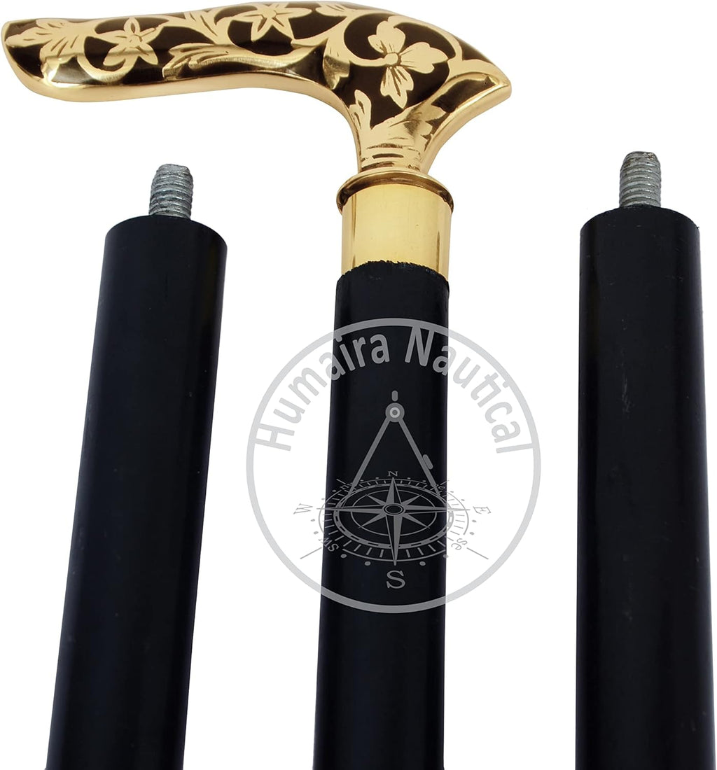 Humaira Nautical Victorian Brass Walking Stick Cane Brass Handle with Black Wooden Cane (3 Fold Wooden Walking Cane),36 Inch