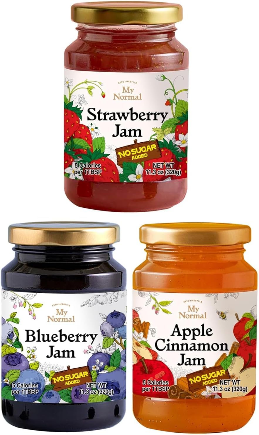 My Normal Low Calorie Jam Variety 3 Pack – Diabetic-Friendly, Low Carb - Fruit Jelly with Allulose, Keto & Zero Sugar Jam - No Artificial Additives (320g, 11.28 oz)