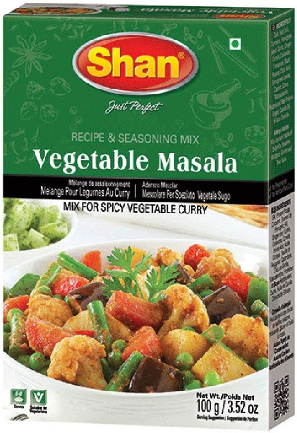 Shan Vegetable Masala Recipe and Seasoning Mix 3.52 oz (100g) - Spice Powder for Spicy Vegetable Curry - Suitable for Vegetarians - Airtight Bag in a Box