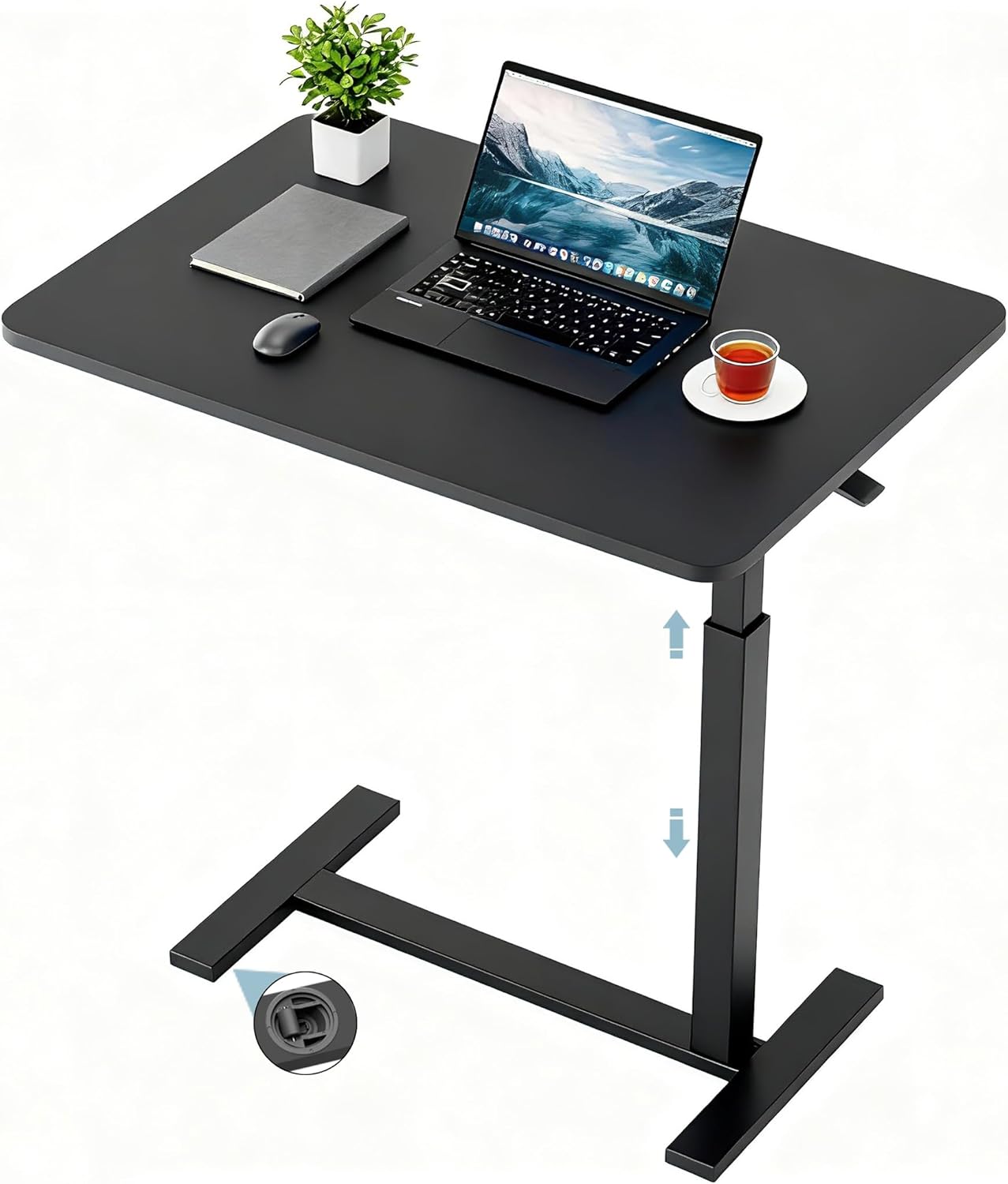 CROWNFURN Overbed Bedside Table with Hidden Casters,Adjustable Hospital & Home Use Bed Table, Rolling Laptop Table, Mobile Standing Desk,Black