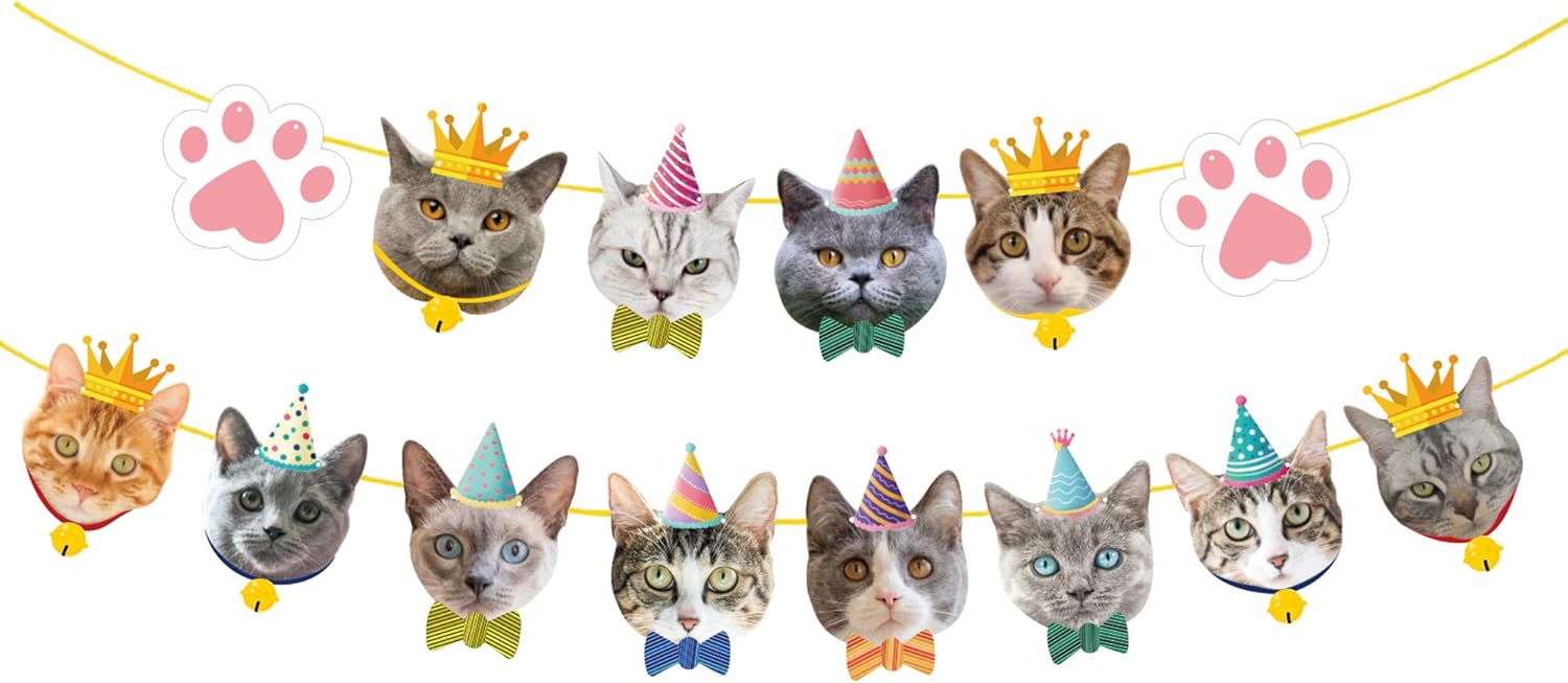 TSJ Cat Birthday Banner, Cat Face Party Banner, Kitty Theme Party Bunting Decoration for Birthday Party Favors