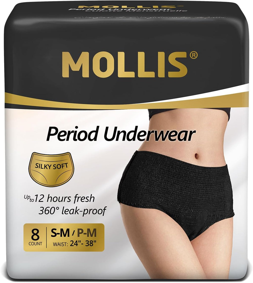 MOLLIS Disposable Period Underwear for Women, Postpartum Panties, Maternity Knickers Heavy Flow Leak Proof, Black, Small/Medium, 8 Count