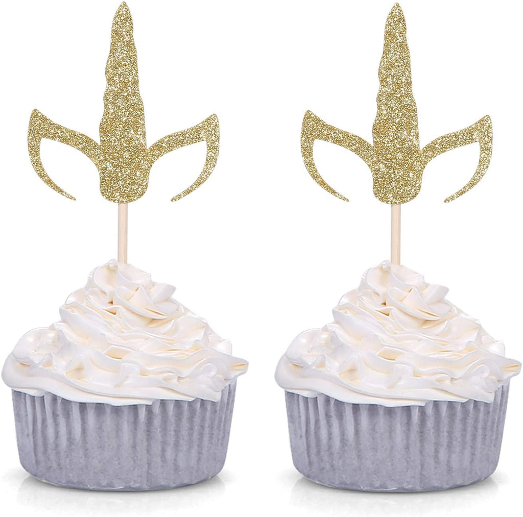 Set of 24 Gold Glitter Unicorn Horn and Ears Cupcake Toppers Baby Shower Kid's Birthday Party Decorations