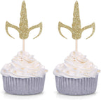 Set of 24 Gold Glitter Unicorn Horn and Ears Cupcake Toppers Baby Shower Kid's Birthday Party Decorations
