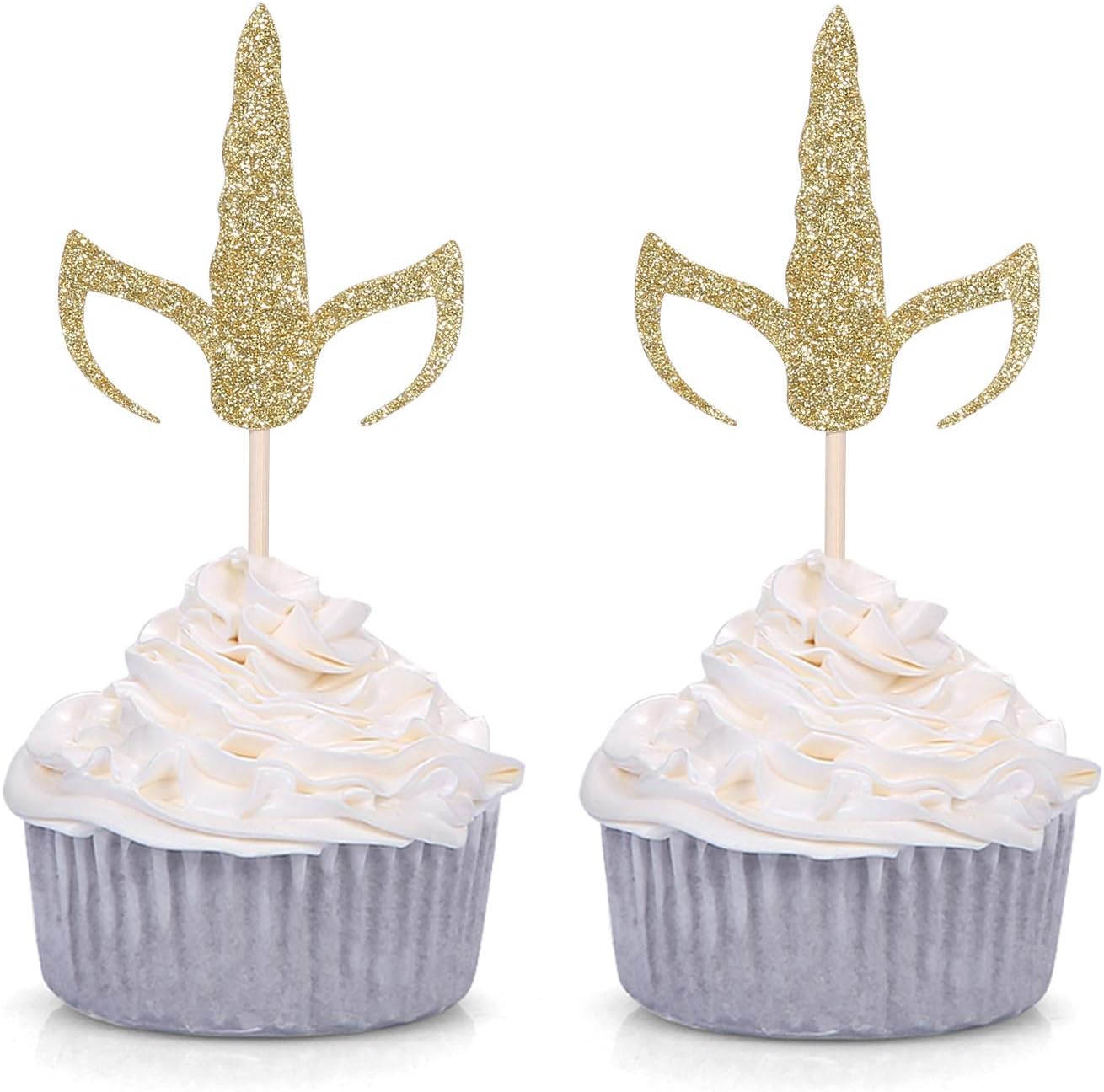 Set of 24 Gold Glitter Unicorn Horn and Ears Cupcake Toppers Baby Shower Kid's Birthday Party Decorations
