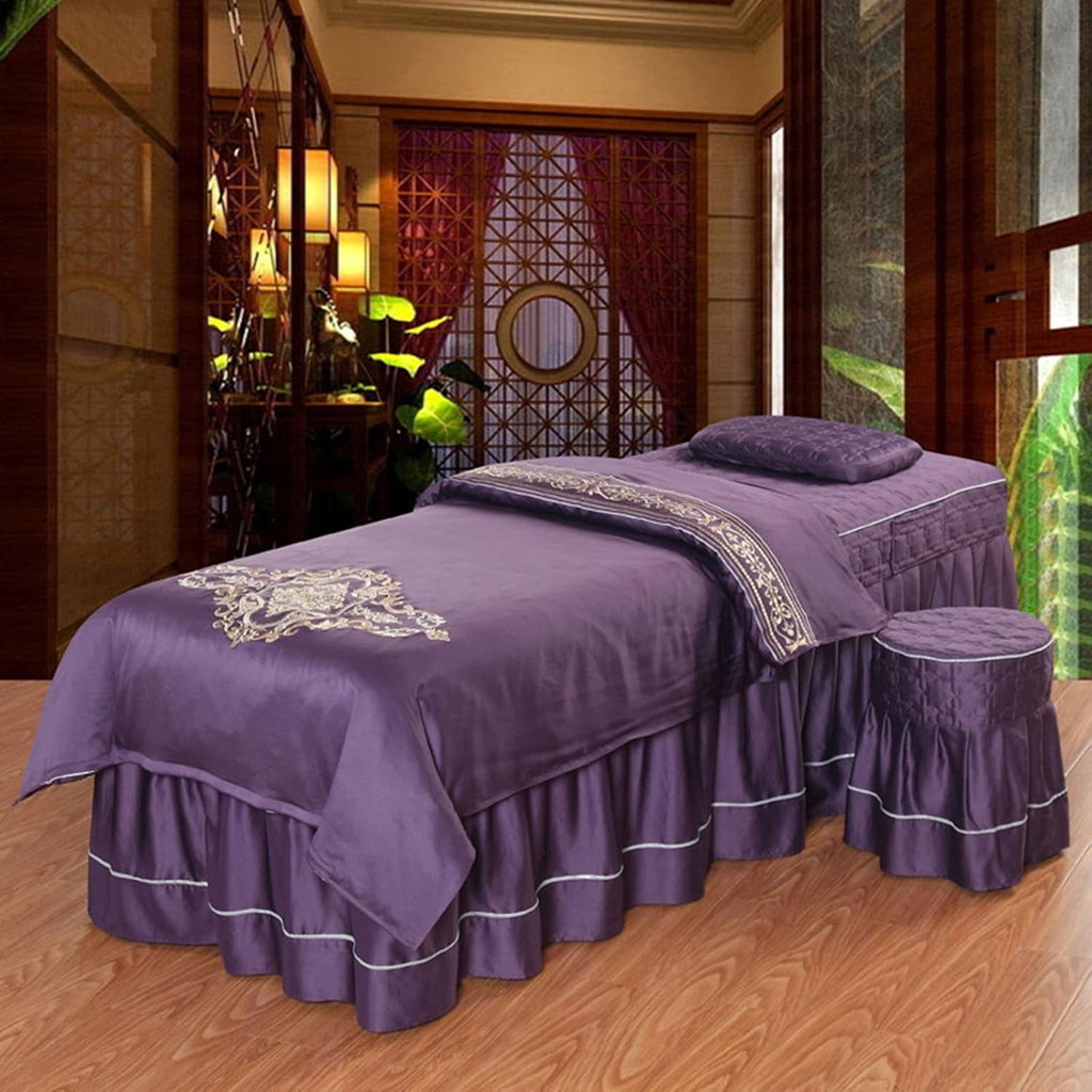 MIPOPS 4-Piece Microfiber Massage Table Sheet Set, Soft Facial Bed Cover, Solid Color Beauty Bedspreads Salon Bed Cover for Body Massage(Purple,185x70cm(73x28inch))