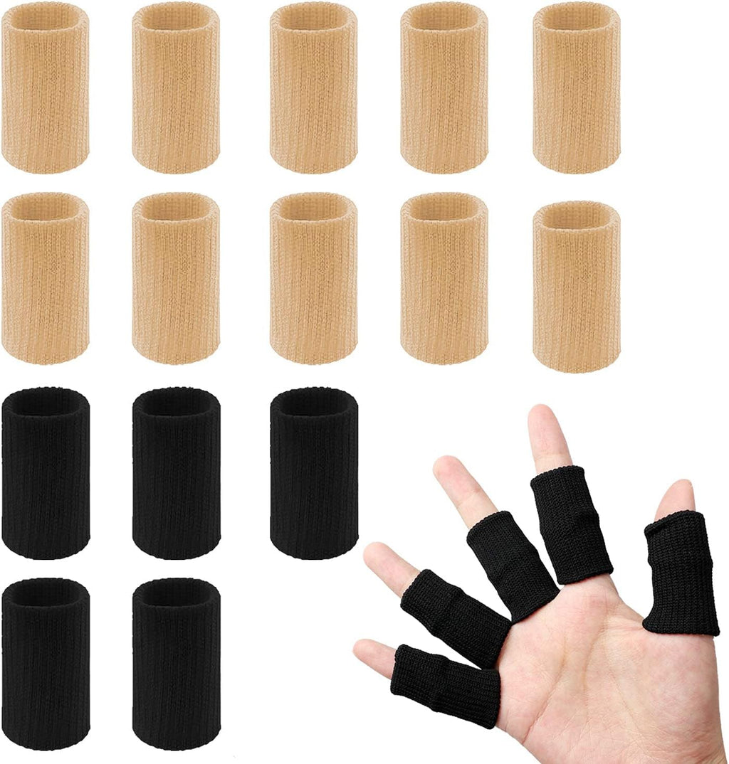 20 Pcs Finger Splints, Finger Sleeves Protectors Finger Brace Sport Finger Compression Sleeve Support Elastic Thumb Sleeves for Relieving Pain Arthritis Trigger Finger(Black+Skin Tone)