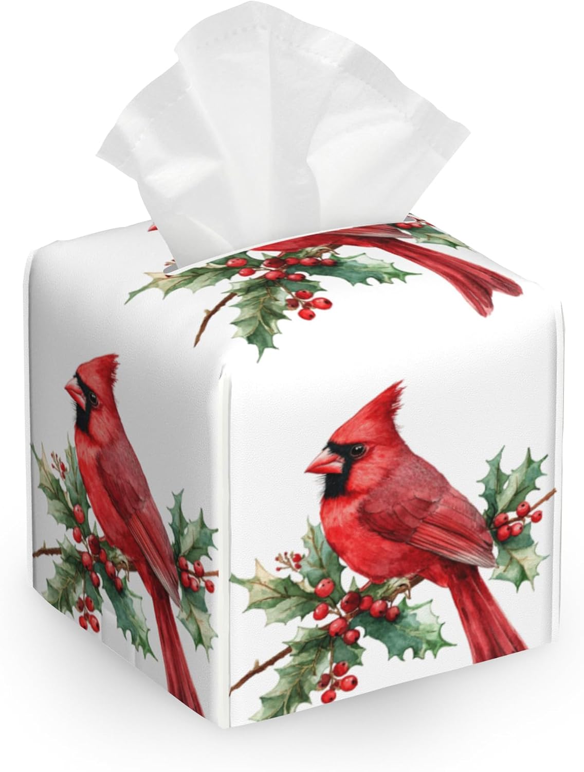 Tissue Box Cover Holder, Red Cardinal Bird Flowers Square with Bottom Belt by PU Leather Decorative Organizer for Tabletop, Bathroom, Car, Office