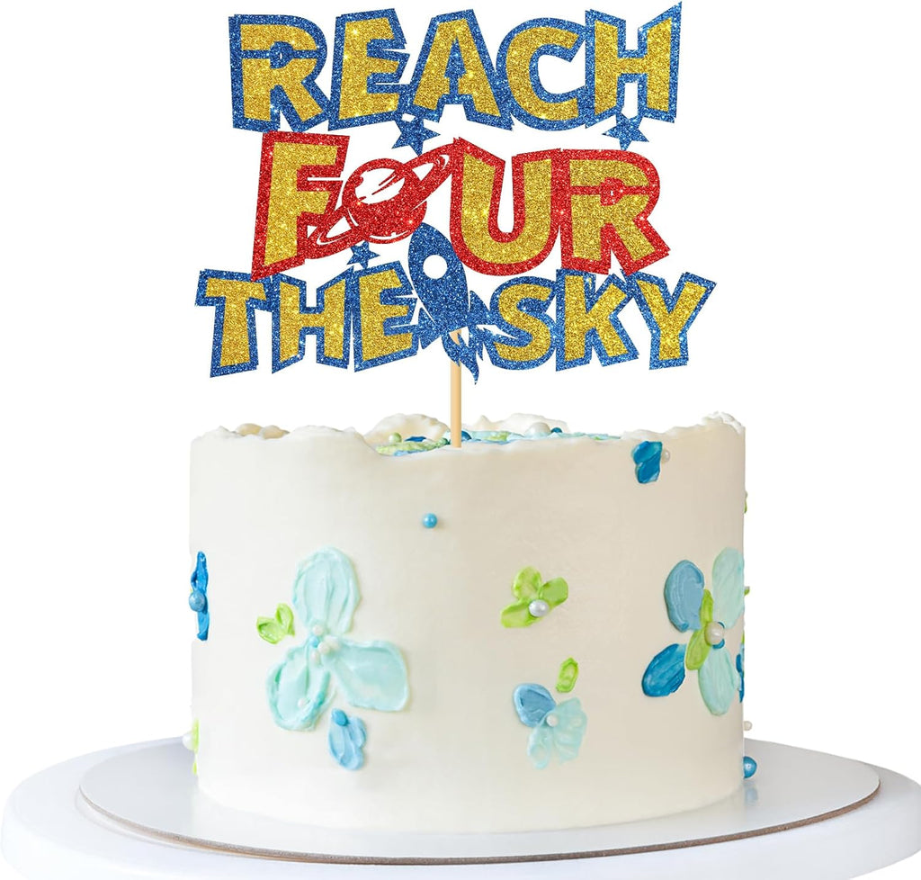 Reach Four the Sky Cake Topper - Kid 4th Birthday Cake Supplies - Four Years Old - Outer Space Birthday Party Decoration - Navy Blue Glitter