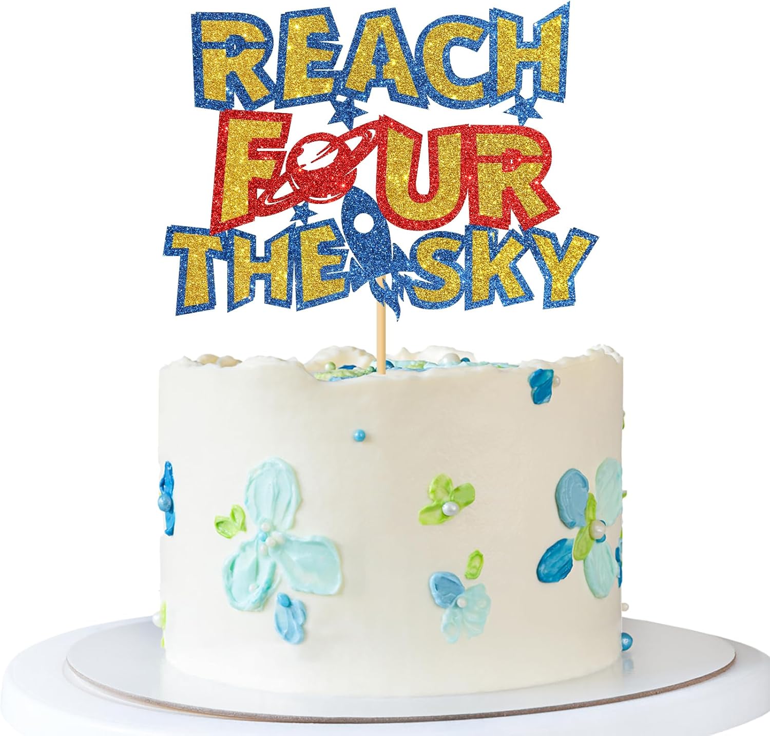 Reach Four the Sky Cake Topper - Kid 4th Birthday Cake Supplies - Four Years Old - Outer Space Birthday Party Decoration - Navy Blue Glitter