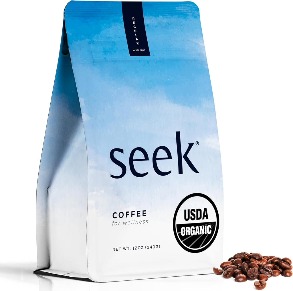 Seek Mold Free Coffee - Low Acid Coffee - Certified Organic Clean Coffee - Non-GMO 100% Arabica Whole Bean Coffee - Third Party Tested For Mycotoxins & Pesticides - 12 Ounces