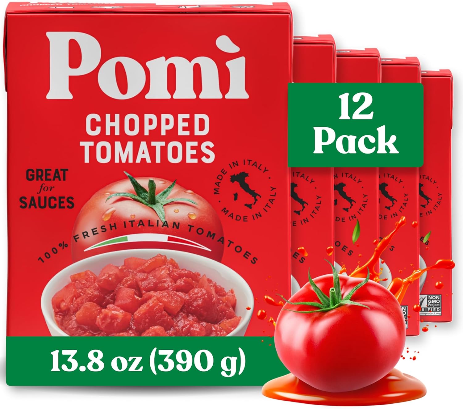 Pomi Chopped Tomatoes 13.8 oz, Pack of 12 | Crushed Tomato Product Made from 100% Fresh Italy-Grown Produce | No Additives or Preservatives