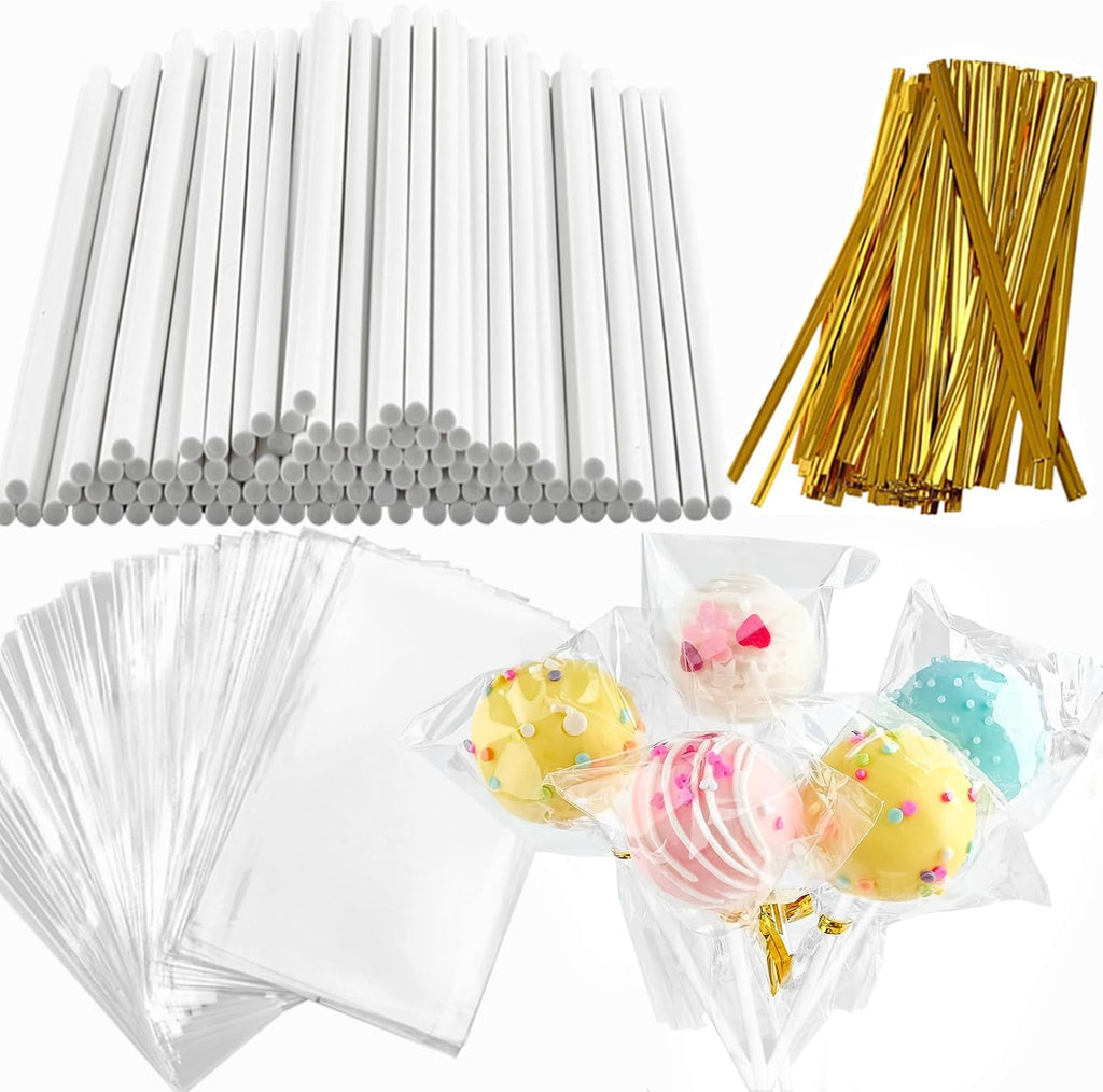 360pcs Cake Pop Sticks and Wrappers Ties Kit, Including 120ct 6-inch Paper Lollipop Stick, 120ct Cake Pop Parcel Bag, 120ct Gold Twist Tie for Candy Making Packaging Supplies