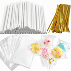 360pcs Cake Pop Sticks and Wrappers Ties Kit, Including 120ct 6-inch Paper Lollipop Stick, 120ct Cake Pop Parcel Bag, 120ct Gold Twist Tie for Candy Making Packaging Supplies