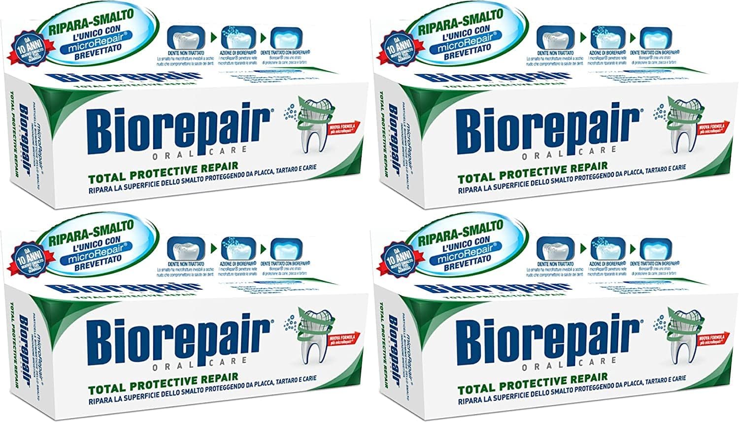 Biorepair: "Total Protective Repair" Toothpaste with microRepair, New Formula - 2.5 Fluid Ounce (75ml) Tubes (Pack of 4) [ Italian Import ]