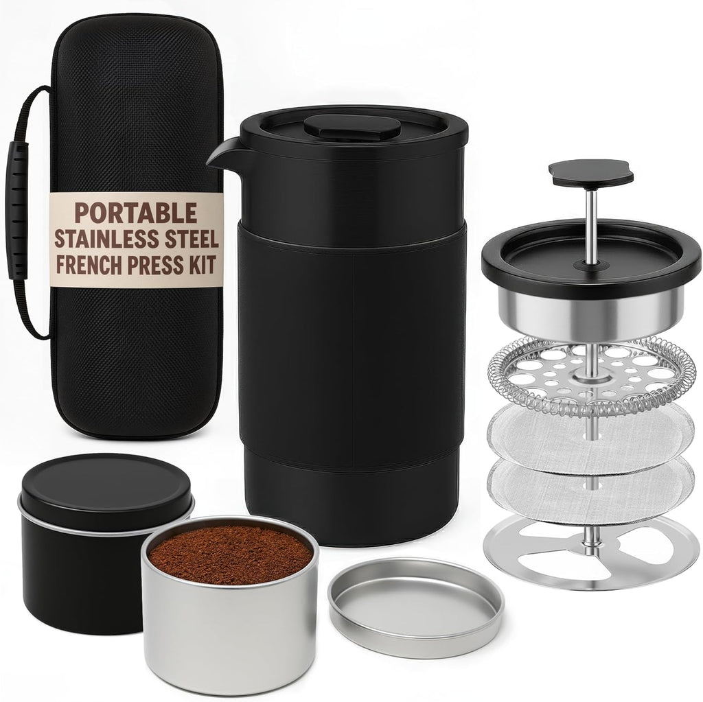 Travel French Press Coffee Maker Set - 12 oz | Portable Travel French Press Coffee Maker | Double Wall Insulated with Dual Stainless Filters & 2 Steel Canisters for Grounds, Tea, Creamer & Sugar