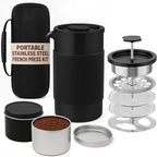 Travel French Press Coffee Maker Set - 12 oz | Portable Travel French Press Coffee Maker | Double Wall Insulated with Dual Stainless Filters & 2 Steel Canisters for Grounds, Tea, Creamer & Sugar