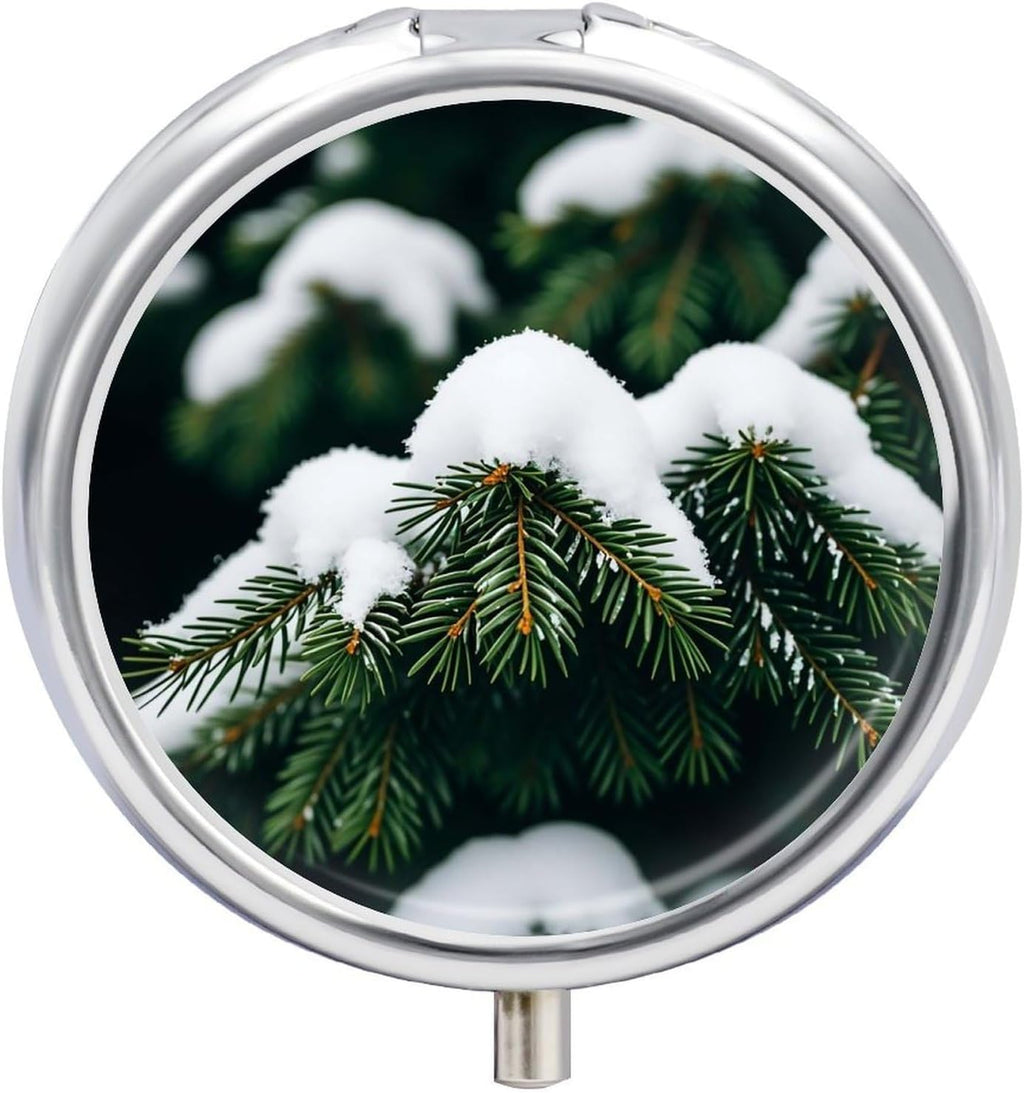 Round Pill Box Snow on Evergreen Trees Pill Case 3 Compartment Medicine Pill Organizer for Purse & Pocket Portable Travel Pillbox Medicine Vitamin Cod Liver Oil Storage Box Organizer