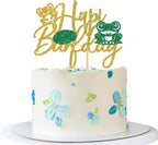 Frog Happy Birthday Cake Topper - Rainforest Birthday Cake Supplies - Hapi Burfday Baby Shower Party Decoration - Gold Glitter