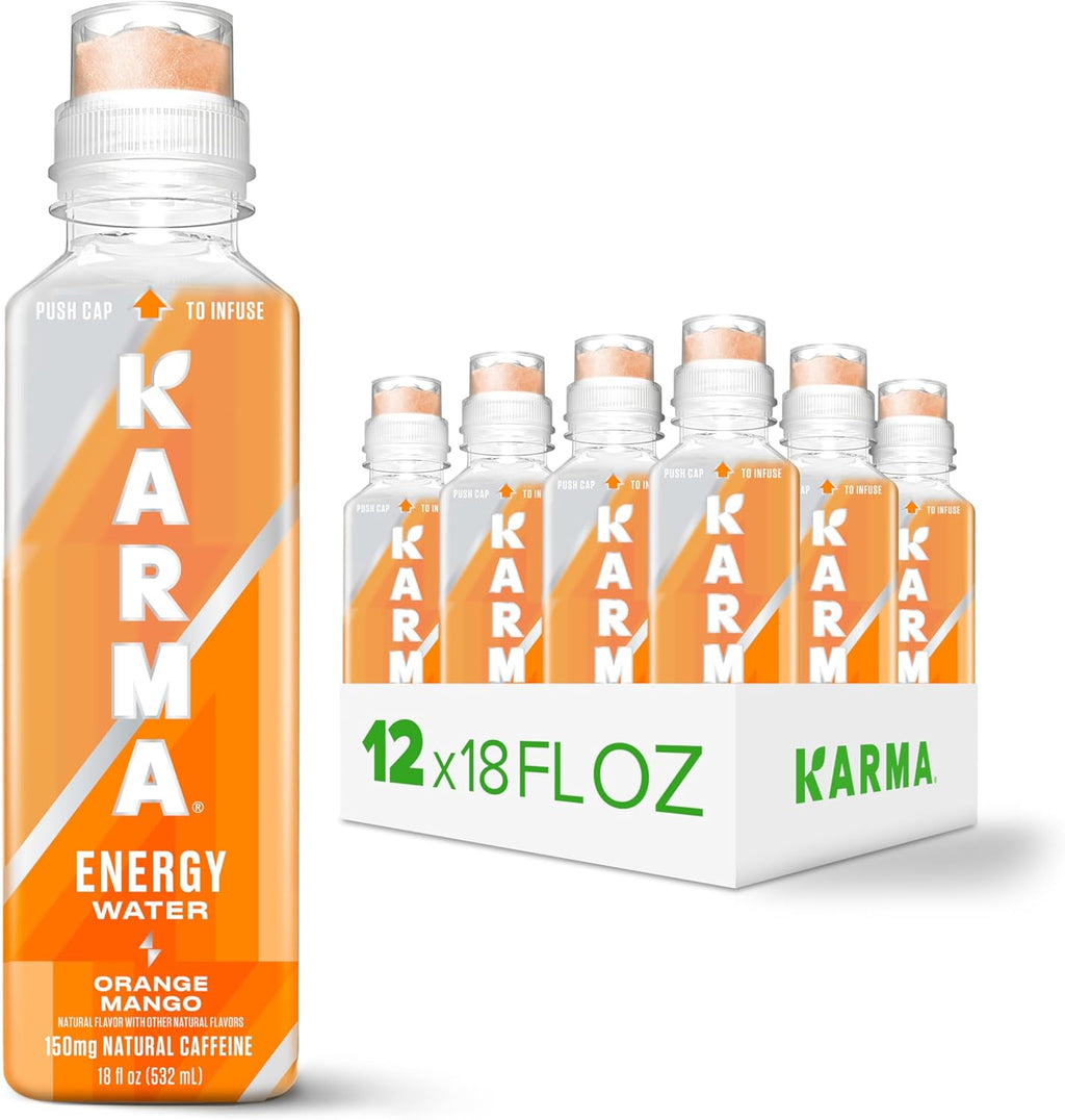 Karma Energy Drink – 12 Pack, Orange Mango Caffeinated Water with Cognizin Nootropics, Vitamins & Immune Support, Low Calorie