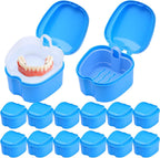 Nuogo 12 Pack Denture Bath Case Bulk with Strainer Basket Denture Cup Holder Dental Retainer Cleaner Box Soaking Cleaning Cup Mouthguard Storage Container for Brace Mouth Night Guard, Blue